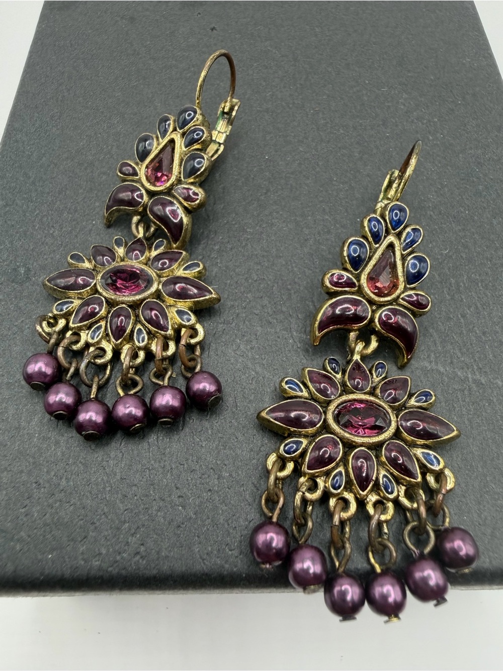 2028 Vintage-Inspired Bollywood Purple Enamel & Pearl Bead Chandelier Earrings